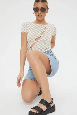 Checkered Cutout Buttoned Top