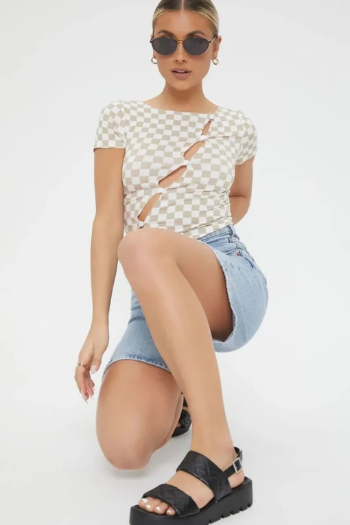 Checkered Cutout Buttoned Top