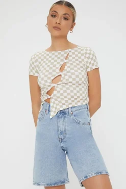 Checkered Cutout Buttoned Top