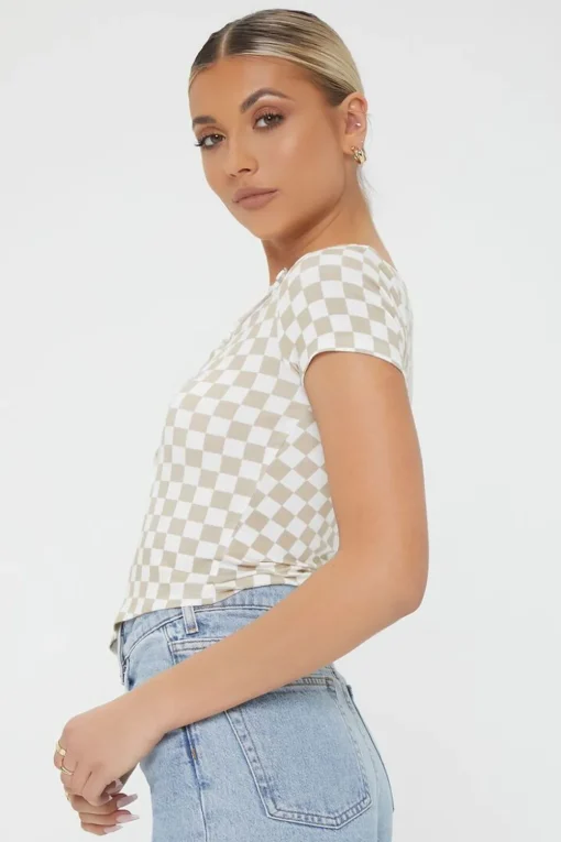 Checkered Cutout Buttoned Top