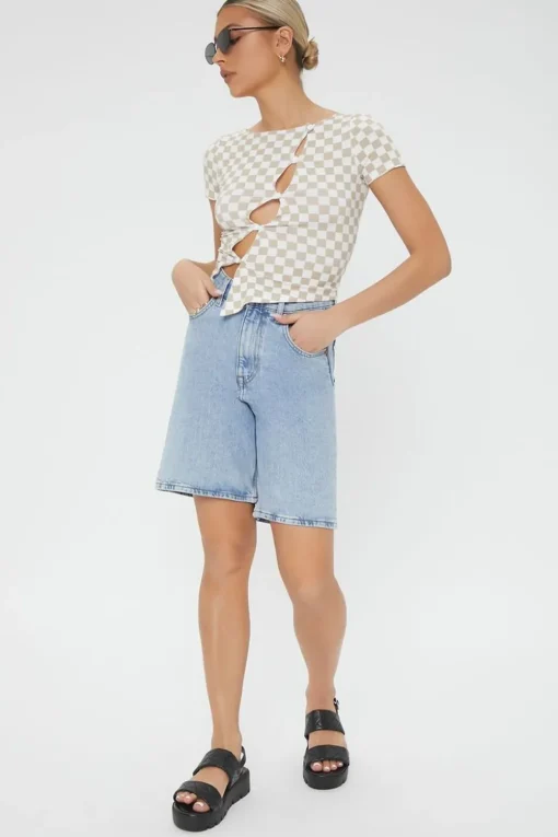 Checkered Cutout Buttoned Top