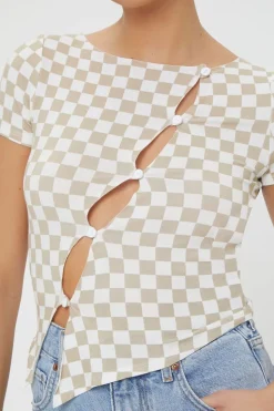 Checkered Cutout Buttoned Top