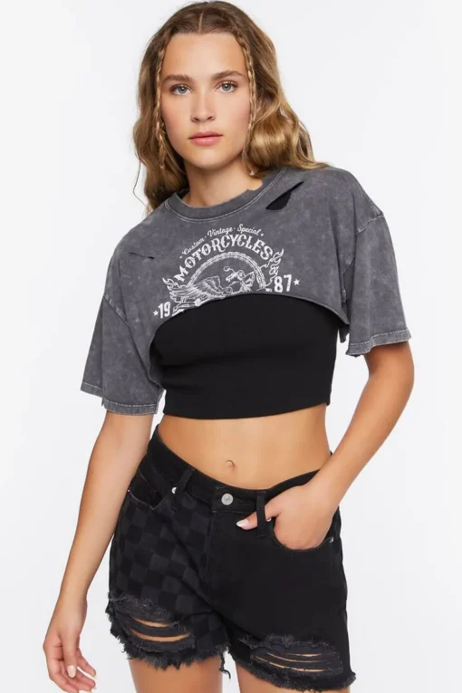Checkered Denim Mom Shorts