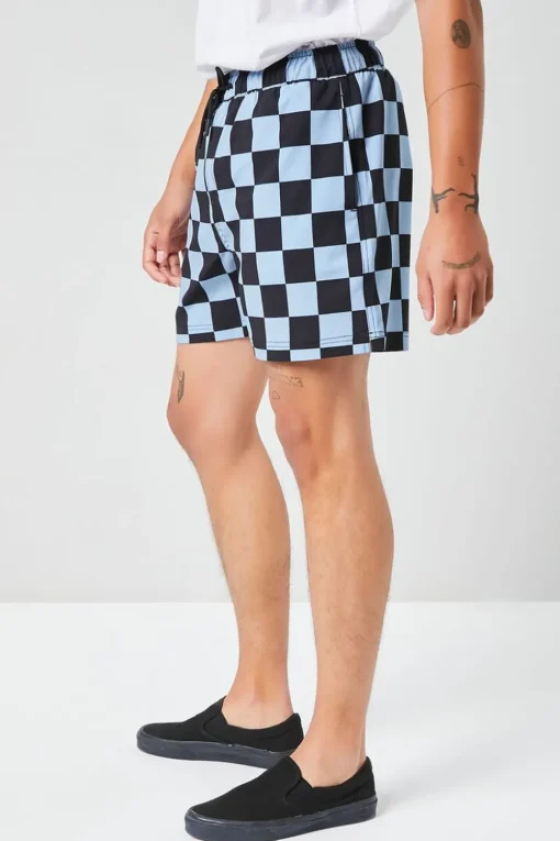 Checkered Drawstring Swim Trunks