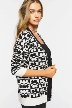 Checkered Floral Cardigan Sweater
