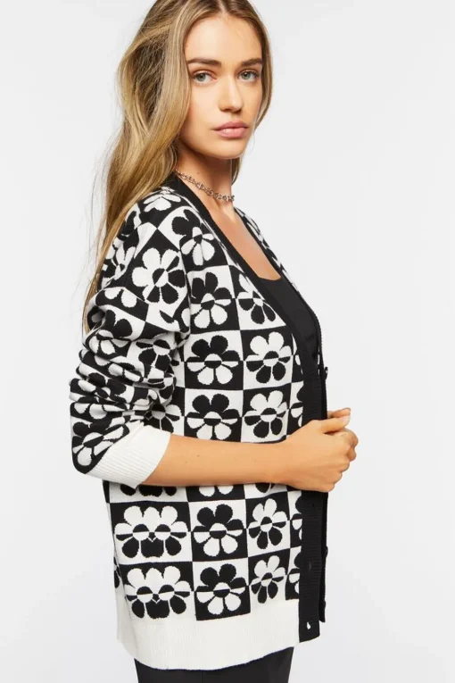 Checkered Floral Cardigan Sweater