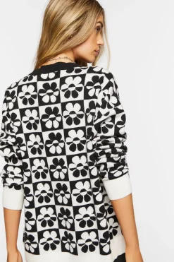 Checkered Floral Cardigan Sweater