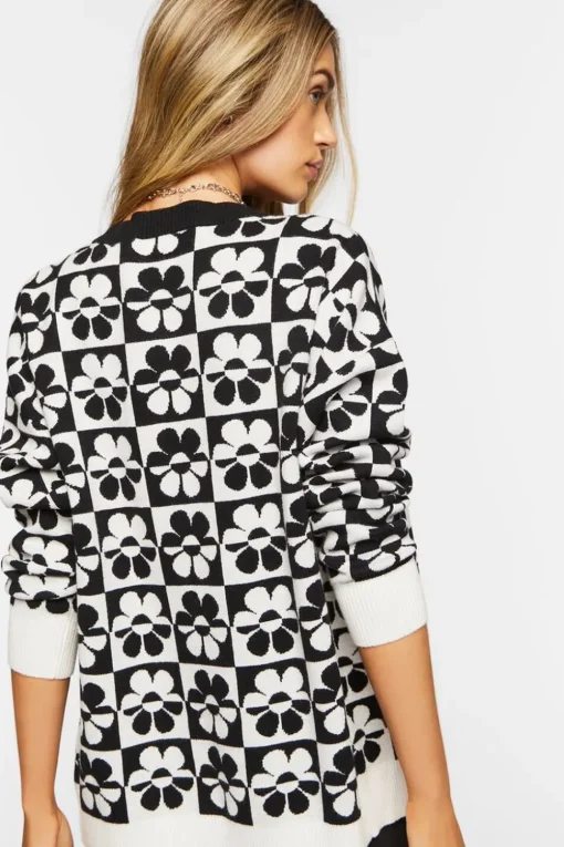 Checkered Floral Cardigan Sweater