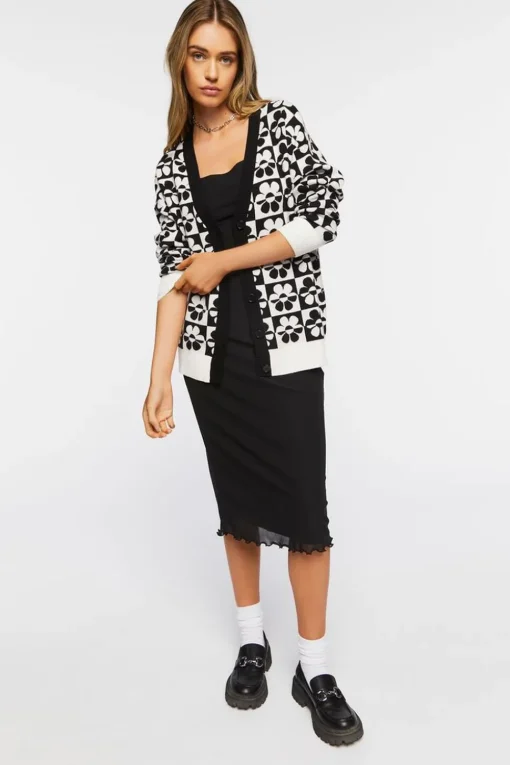 Checkered Floral Cardigan Sweater