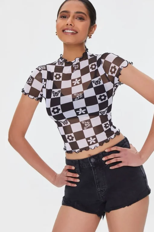 Checkered Mesh Floral Tee