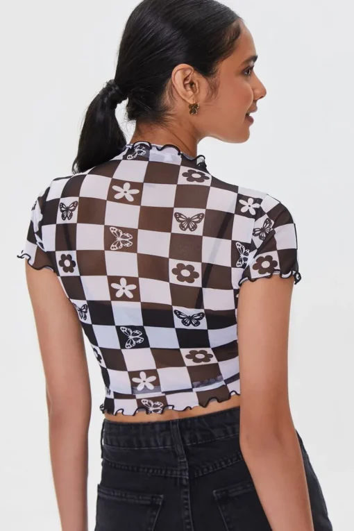 Checkered Mesh Floral Tee