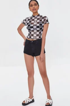 Checkered Mesh Floral Tee