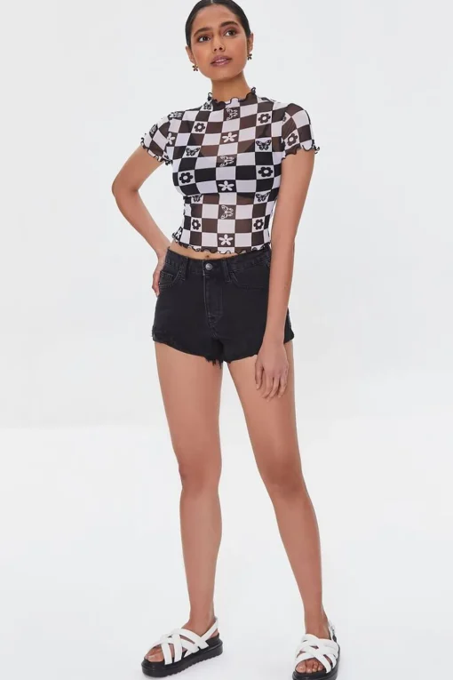 Checkered Mesh Floral Tee
