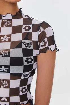 Checkered Mesh Floral Tee
