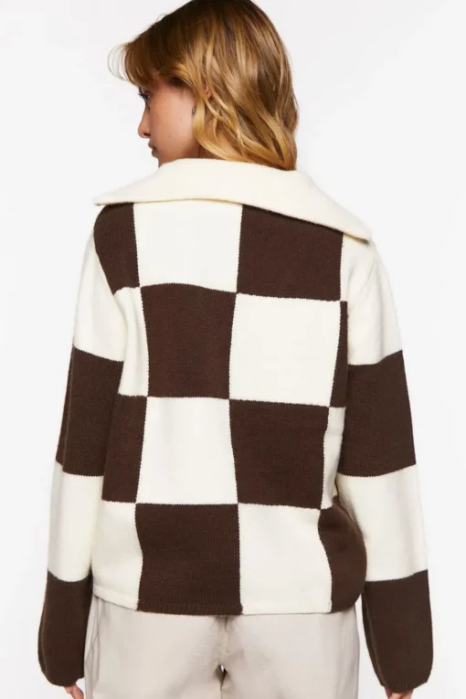 Colorblock Checkered Half-Zip Sweater