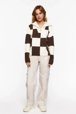 Colorblock Checkered Half-Zip Sweater