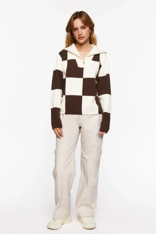 Colorblock Checkered Half-Zip Sweater