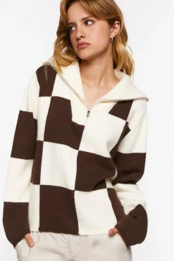 Colorblock Checkered Half-Zip Sweater