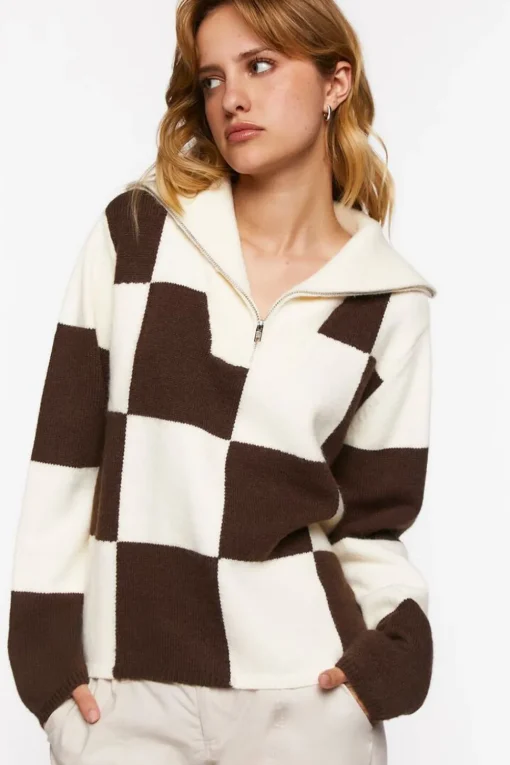 Colorblock Checkered Half-Zip Sweater