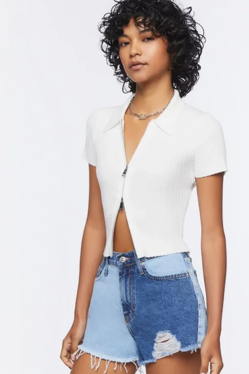 Colorblock Frayed Denim Shorts