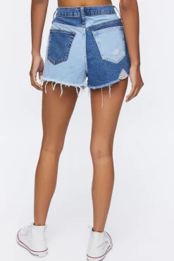 Colorblock Frayed Denim Shorts