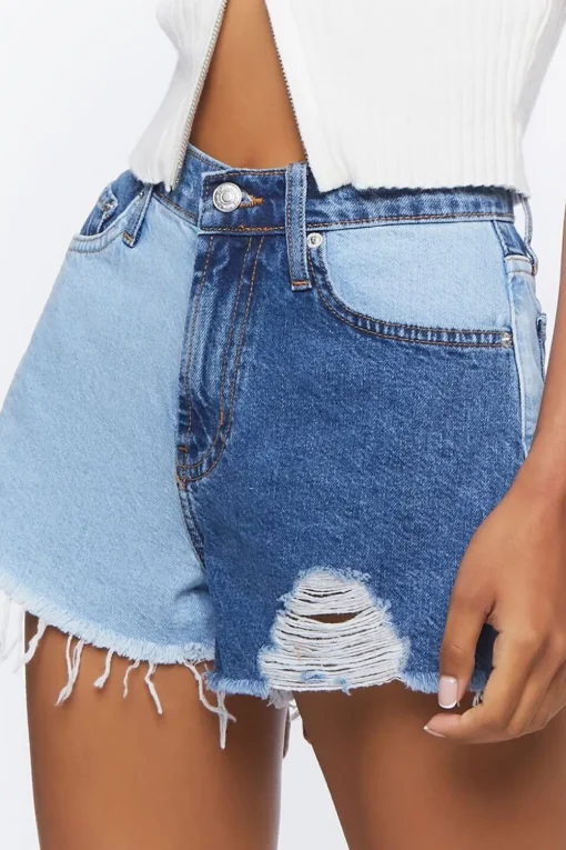 Colorblock Frayed Denim Shorts