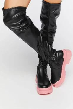 Colorblock Over-The-Knee Lug-Sole Boots