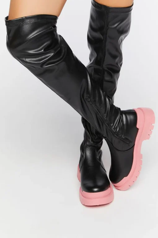 Colorblock Over-The-Knee Lug-Sole Boots