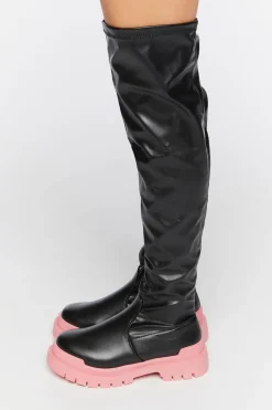 Colorblock Over-The-Knee Lug-Sole Boots
