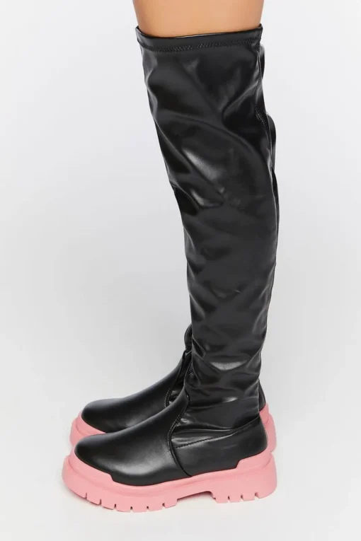 Colorblock Over-The-Knee Lug-Sole Boots