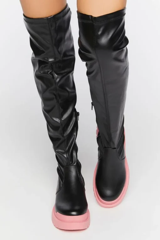 Colorblock Over-The-Knee Lug-Sole Boots