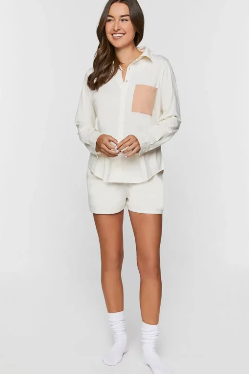 Colorblock Patch-Pocket Pajama Shirt