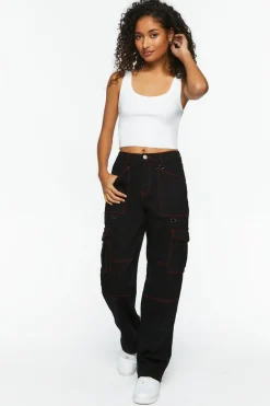 Contrast-Seam Cargo Straight-Leg Pants