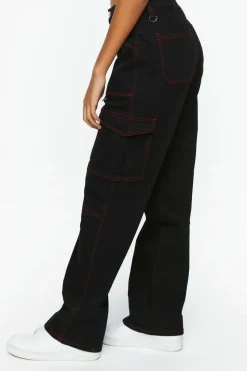Contrast-Seam Cargo Straight-Leg Pants