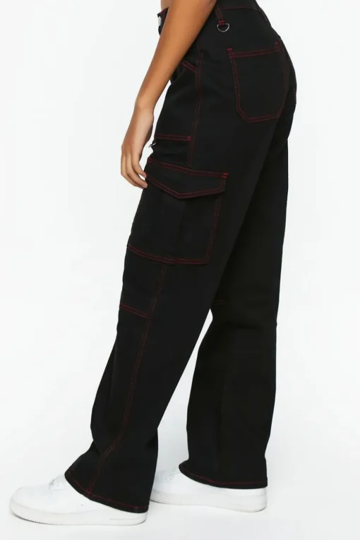 Contrast-Seam Cargo Straight-Leg Pants