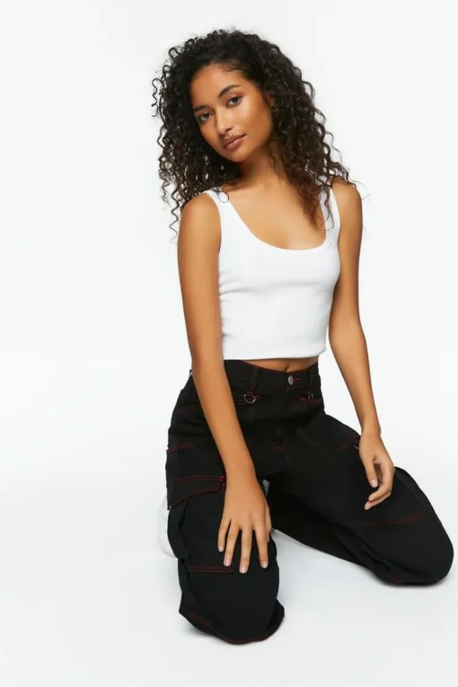 Contrast-Seam Cargo Straight-Leg Pants