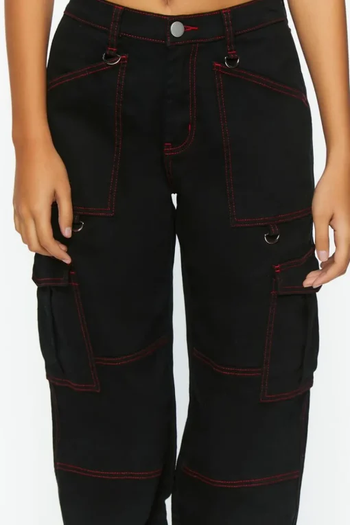 Contrast-Seam Cargo Straight-Leg Pants
