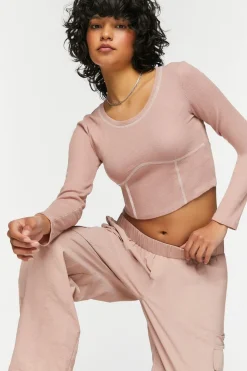 Contrast-Seam Long-Sleeve Crop Top