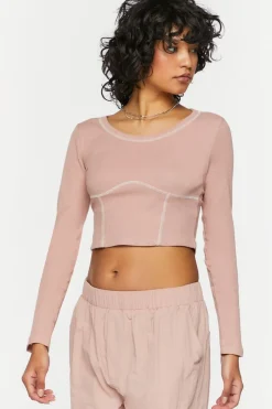 Contrast-Seam Long-Sleeve Crop Top