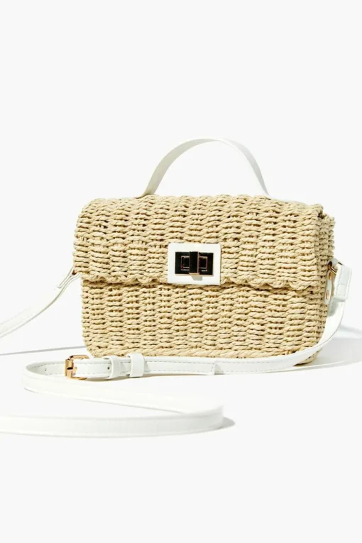 Contrast-Trim Basketwoven Crossbody Bag