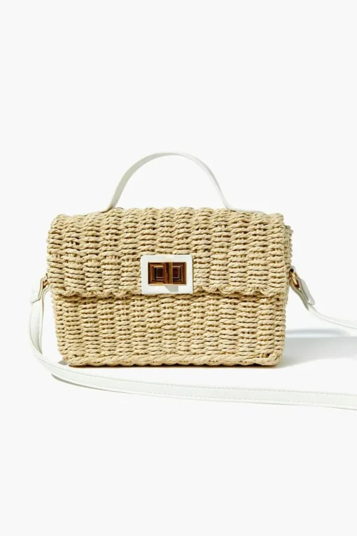 Contrast-Trim Basketwoven Crossbody Bag