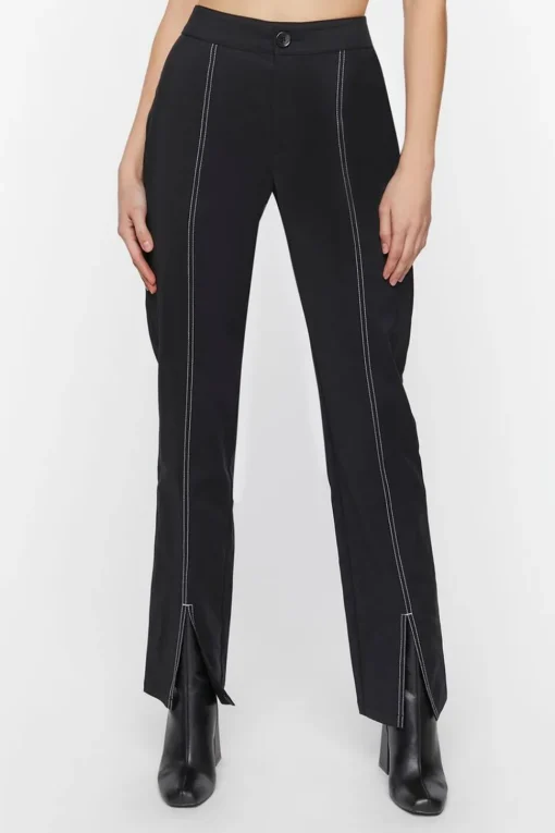 Contrast-Trim Split-Hem Pants