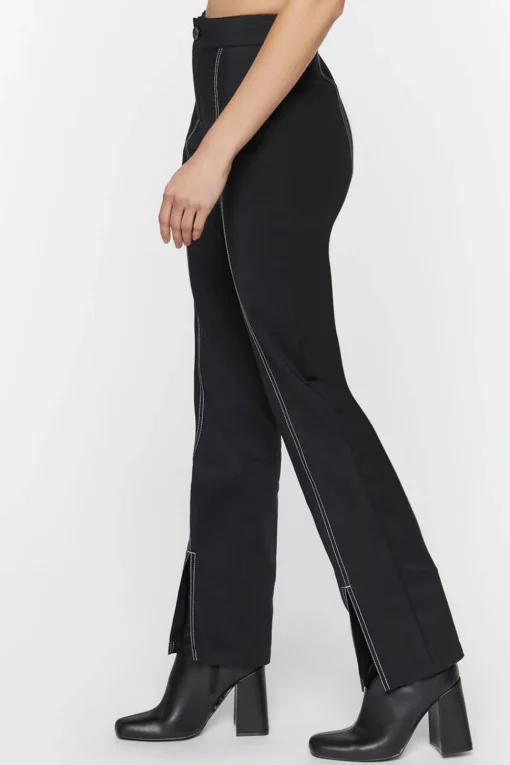 Contrast-Trim Split-Hem Pants