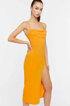 Cowl Neck Slit Midi Dress