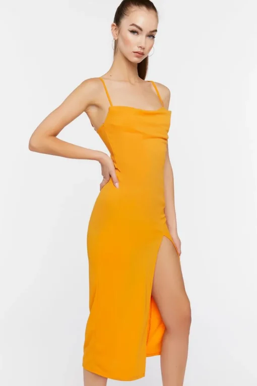 Cowl Neck Slit Midi Dress