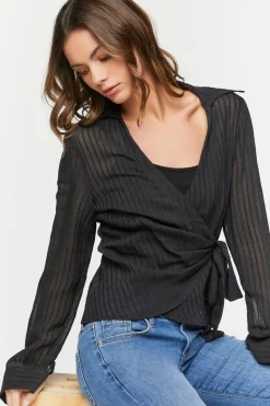 Crepe Shadow-Striped Wrap Top
