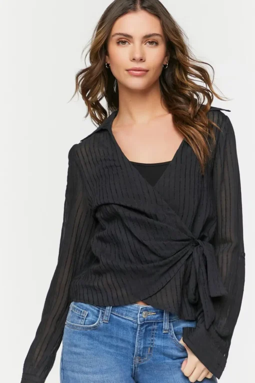 Crepe Shadow-Striped Wrap Top