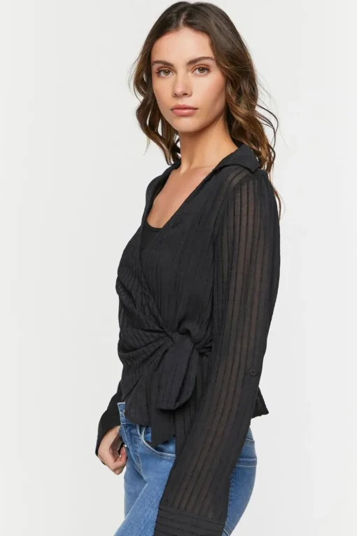 Crepe Shadow-Striped Wrap Top