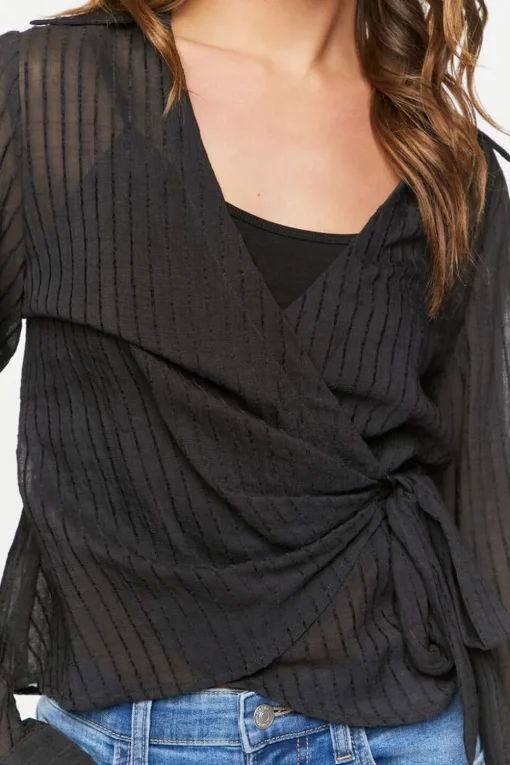 Crepe Shadow-Striped Wrap Top