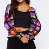 Crochet-Sleeve Striped Zip-Up Sweater